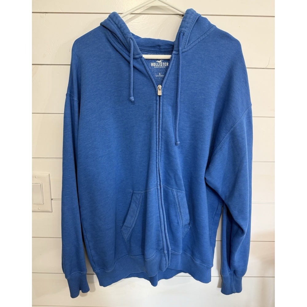 Hollister Men's Blue Solid Full Zip Hooded Hoodie Sweatshirt Pockets Size S